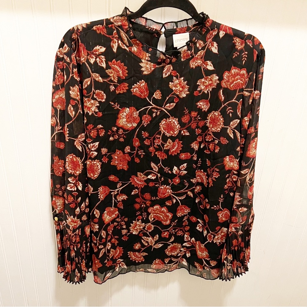 Chico’s NWT Black & Burgundy Red Jacobean Floral High Ruffle Neck Blouse Sz 16